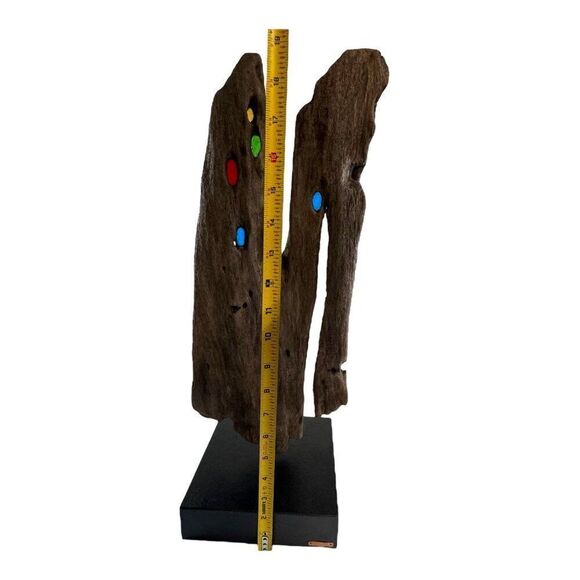 Unique Driftwood Sculpture With Colorful Glass Accents On Base Signed MCM Retro - Picture 10 of 11